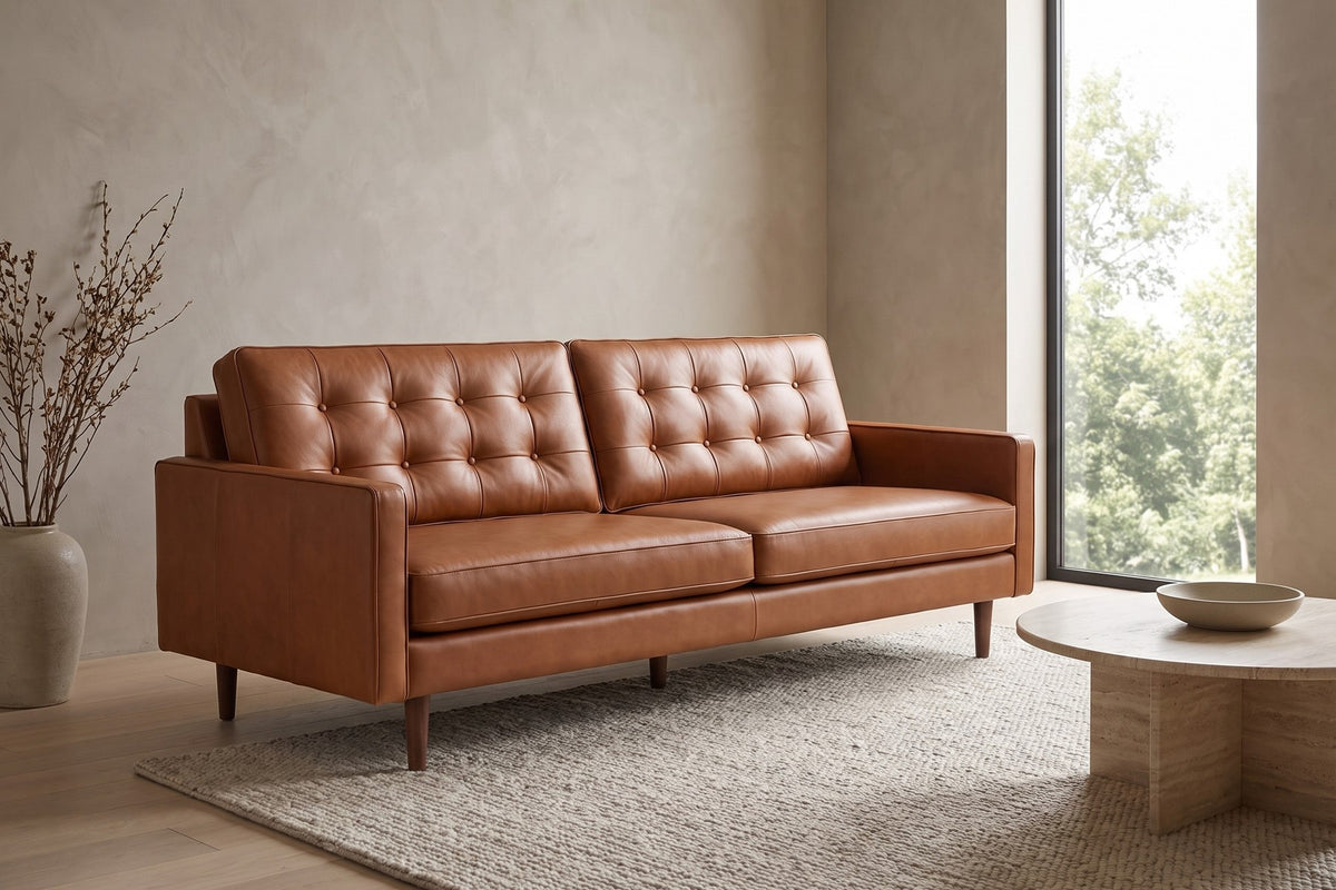Amboise Cognac Button-Tufted Leather Sofa in a living space