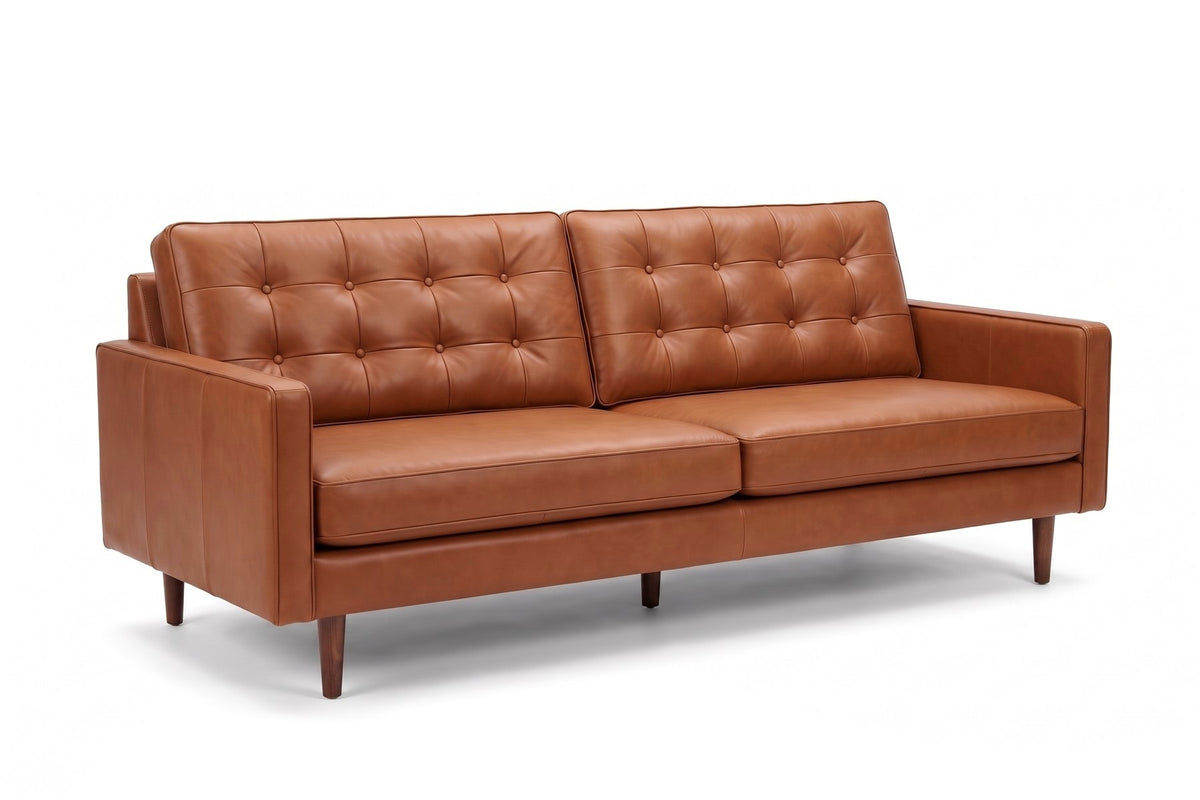 Amboise 86" Button-Tufted Leather Sofa – Mid-Century, Tapered Walnut-Finish Legs