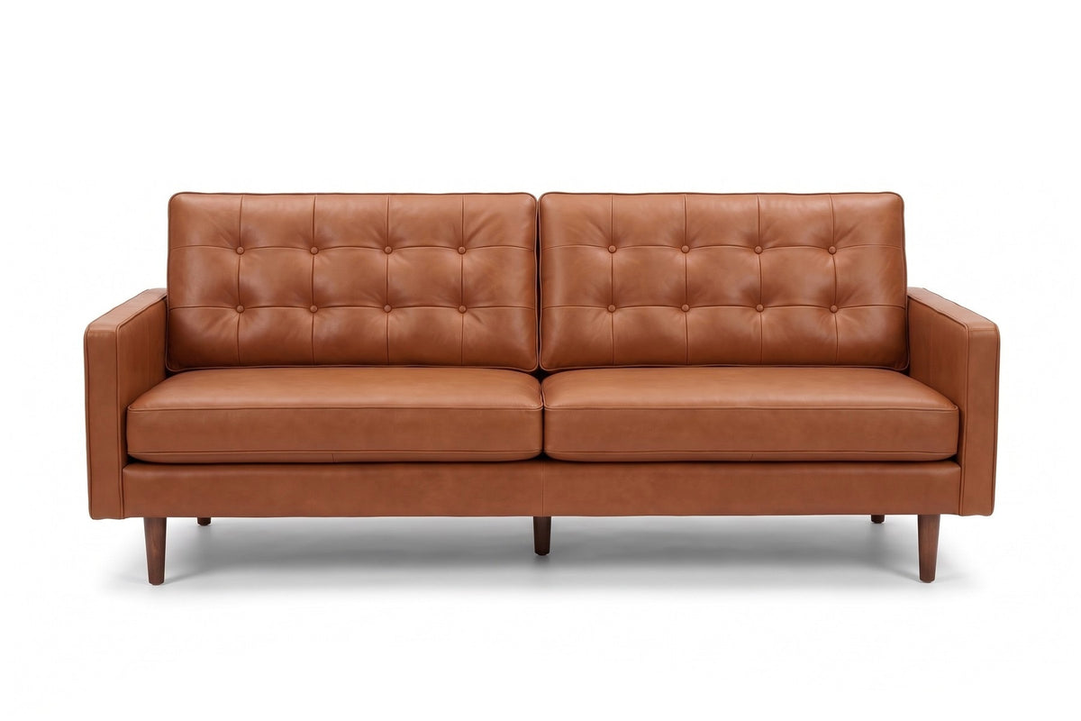 Amboise 86" Button-Tufted Leather Sofa – Mid-Century, Tapered Walnut-Finish Legs