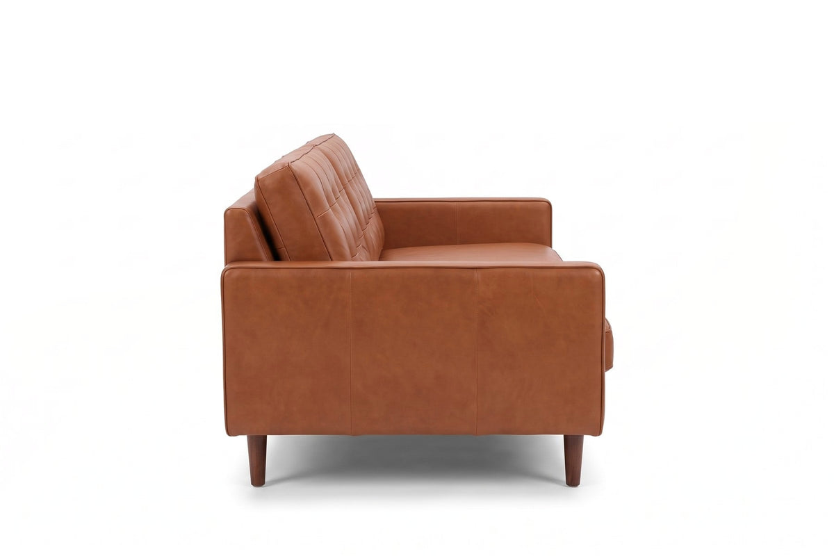 Amboise 86" Button-Tufted Leather Sofa – Mid-Century, Tapered Walnut-Finish Legs