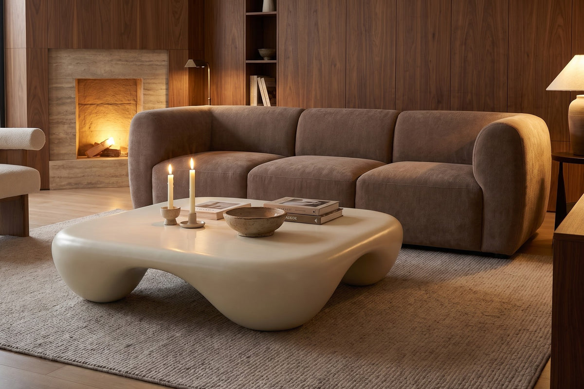 Amélie Square Sculpted Coffee Table – Matte Cream White Fiberglass, 39"