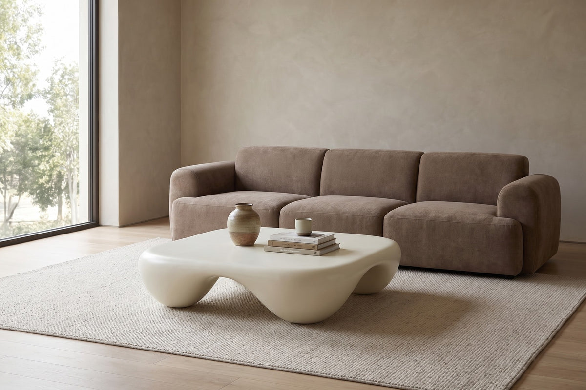 Amélie Square Sculpted Coffee Table – Matte Cream White Fiberglass, 39"