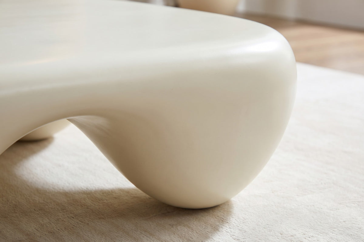 Amélie Square Sculpted Coffee Table – Matte Cream White Fiberglass, 39"