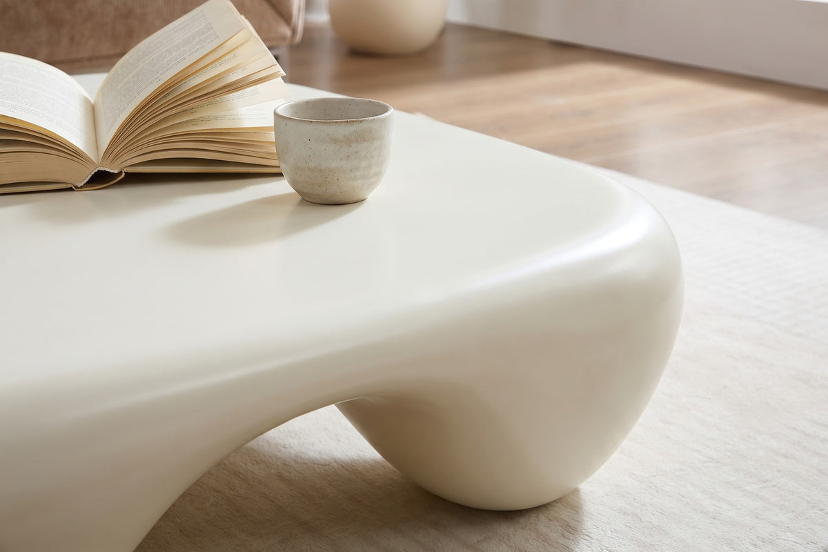 Amélie Square Sculpted Coffee Table – Matte Cream White Fiberglass, 39"
