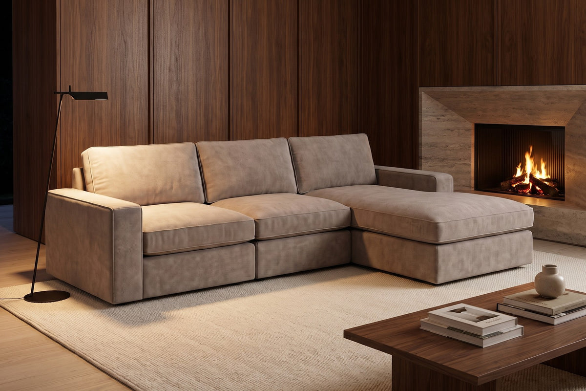 Annecy Modular Sectional in Mushroom, in a room setting