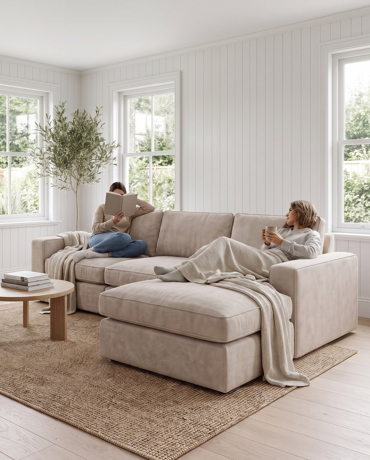 Two people lounging on the Annecy oatmeal chenille sectional, one stretched out on the chaise (concept image)