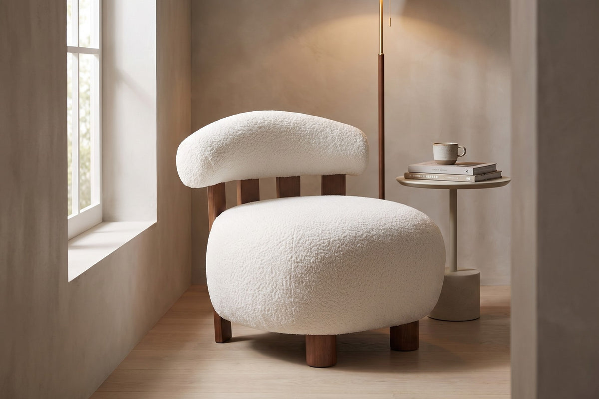 Anouk Bouclé Slipper Chair – Off-White, Walnut-Finish Birch Frame
