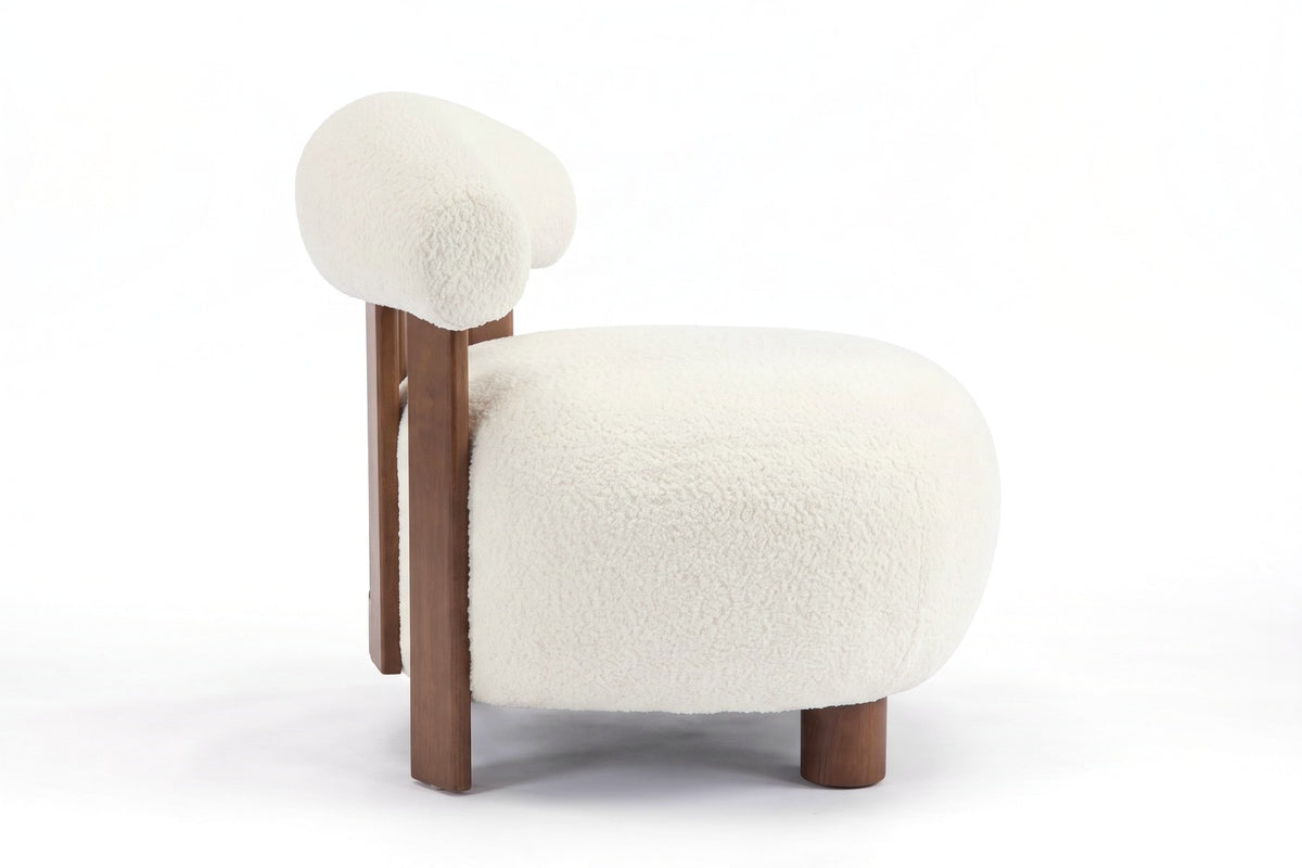 Anouk off-white bouclé slipper chair with a walnut-finish slatted back, straight side view on a white background