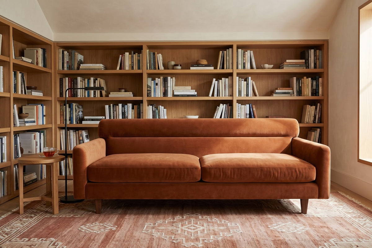 Antibes Cognac Velvet Sofa in a room
