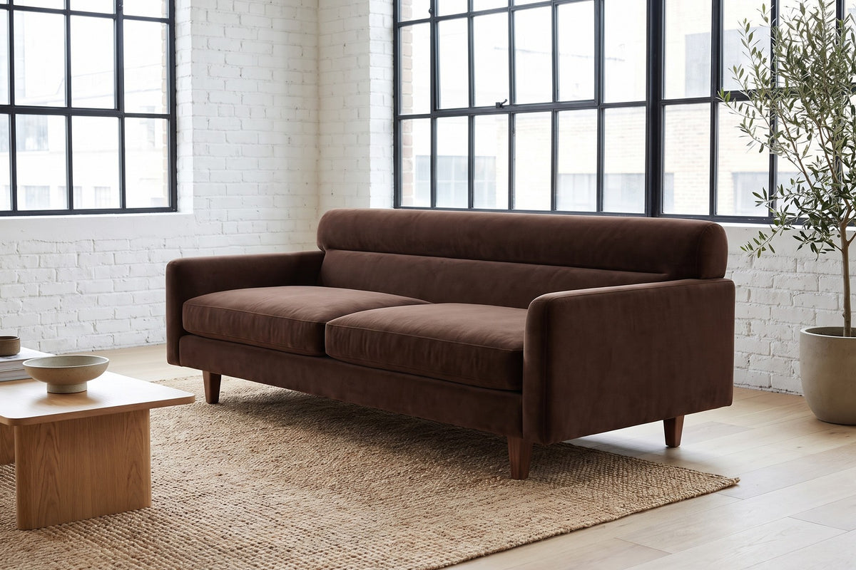 Antibes Velvet Sofa in Chocolate, in a room setting