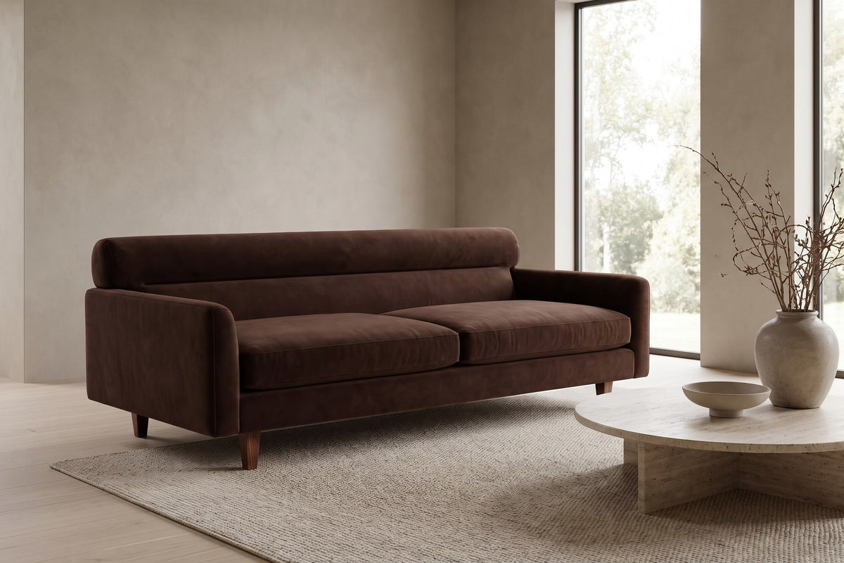 Antibes 85" Velvet Sofa – Low Profile, Rolled Back, Walnut-Finish Legs