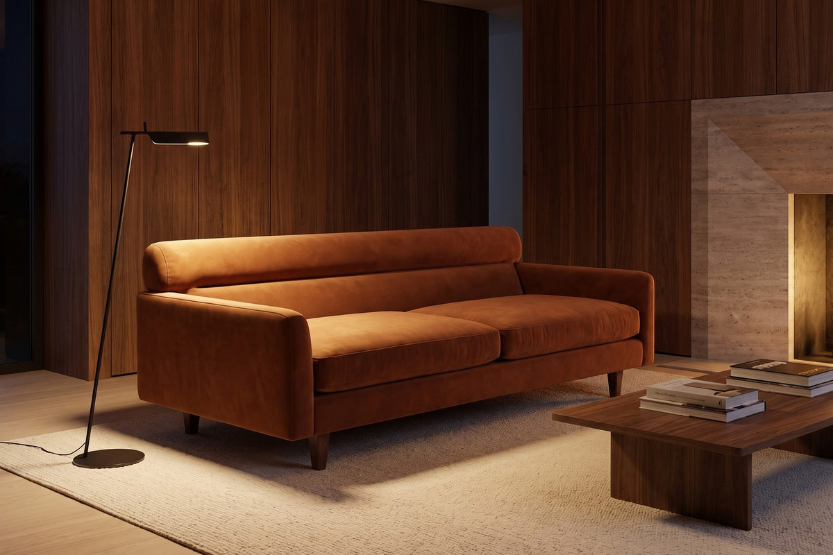Antibes 85" Velvet Sofa – Low Profile, Rolled Back, Walnut-Finish Legs