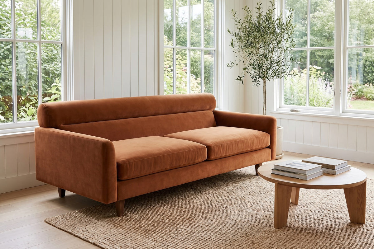 Antibes 85" Velvet Sofa – Low Profile, Rolled Back, Walnut-Finish Legs