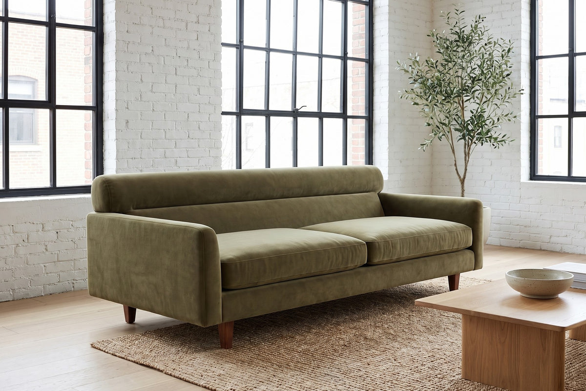 Antibes Velvet Sofa in Olive, in a room setting