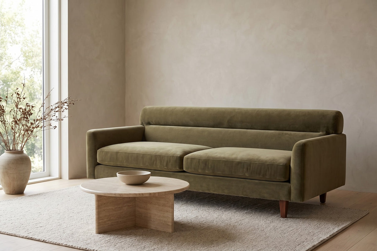 Antibes 85" Velvet Sofa – Low Profile, Rolled Back, Walnut-Finish Legs