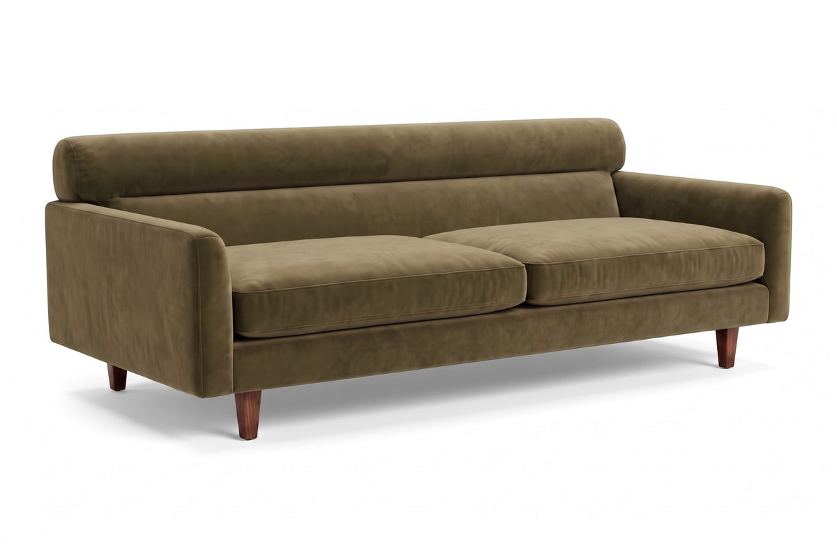 Antibes 85" Velvet Sofa – Low Profile, Rolled Back, Walnut-Finish Legs