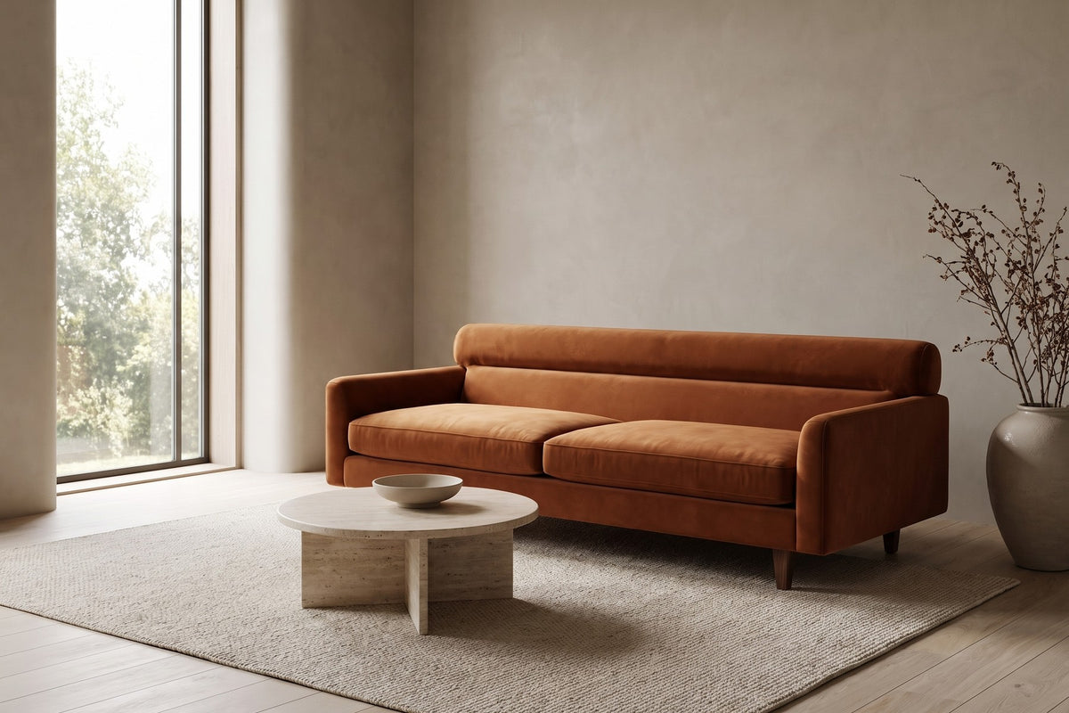 Antibes Cognac Velvet Sofa in a living space