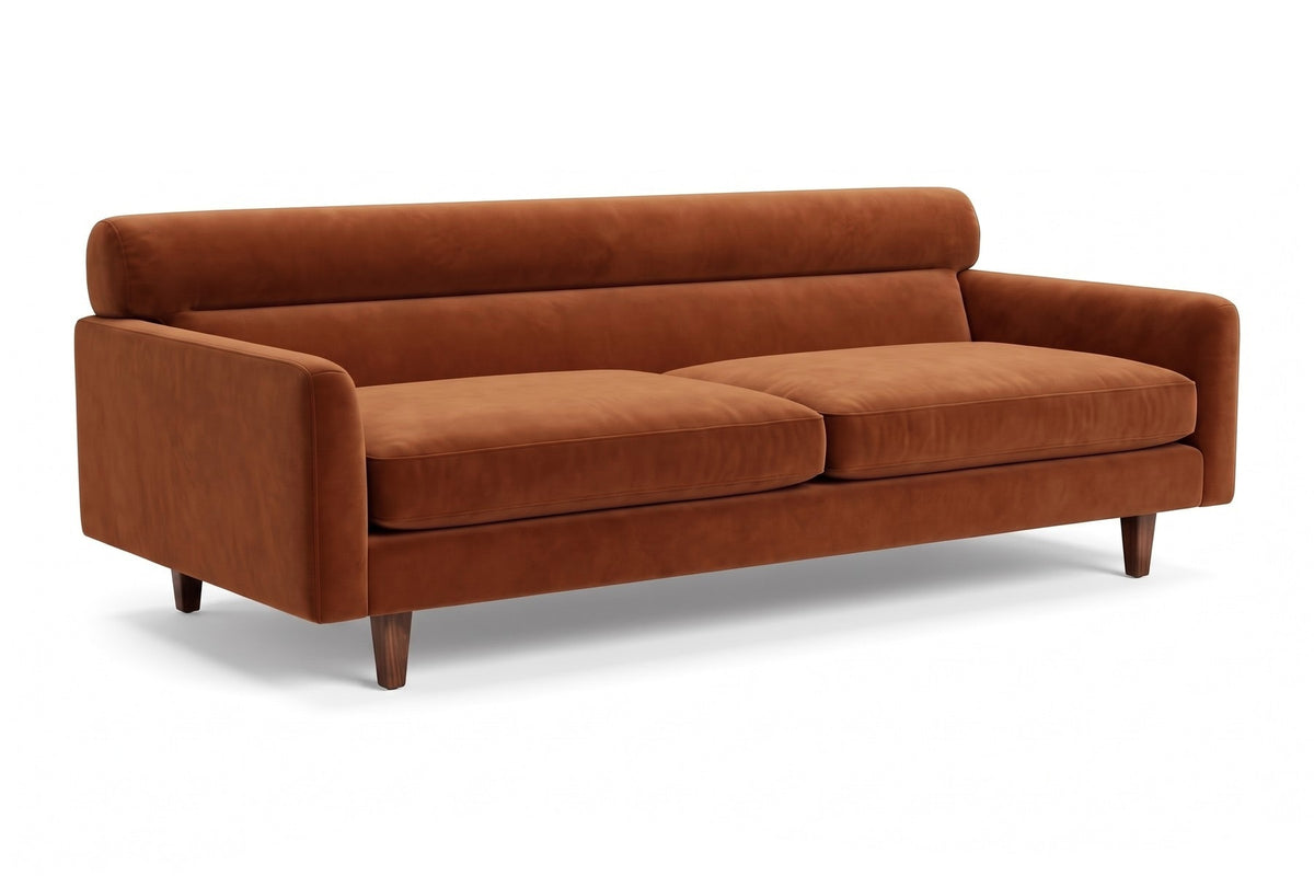 Antibes 85" Velvet Sofa – Low Profile, Rolled Back, Walnut-Finish Legs