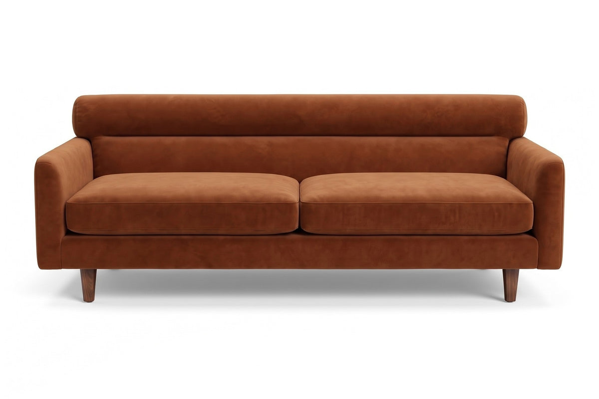 Antibes 85" Velvet Sofa – Low Profile, Rolled Back, Walnut-Finish Legs
