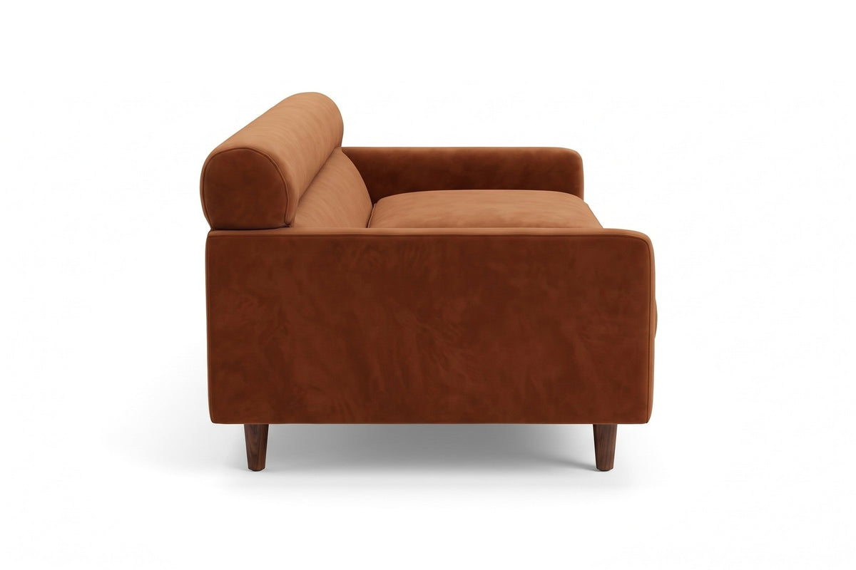 Antibes Cognac Velvet Sofa, straight side view from the right at seat height, showing the arm profile, the back roll and the legs