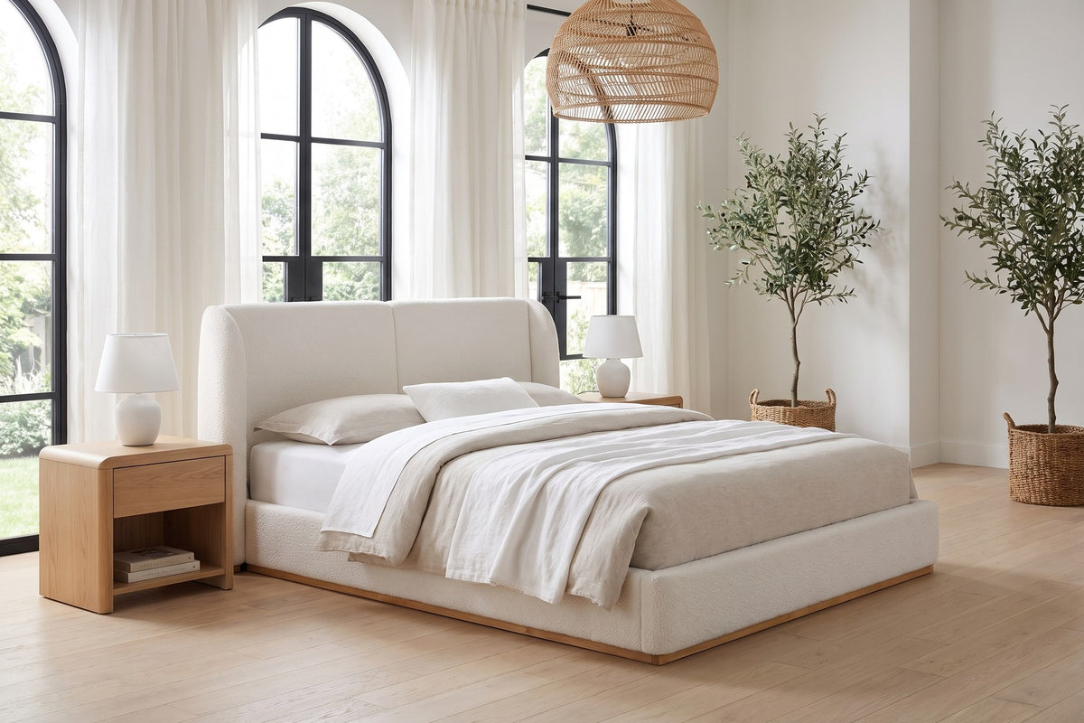 Apolline Bouclé Wingback Platform Bed – White, Queen