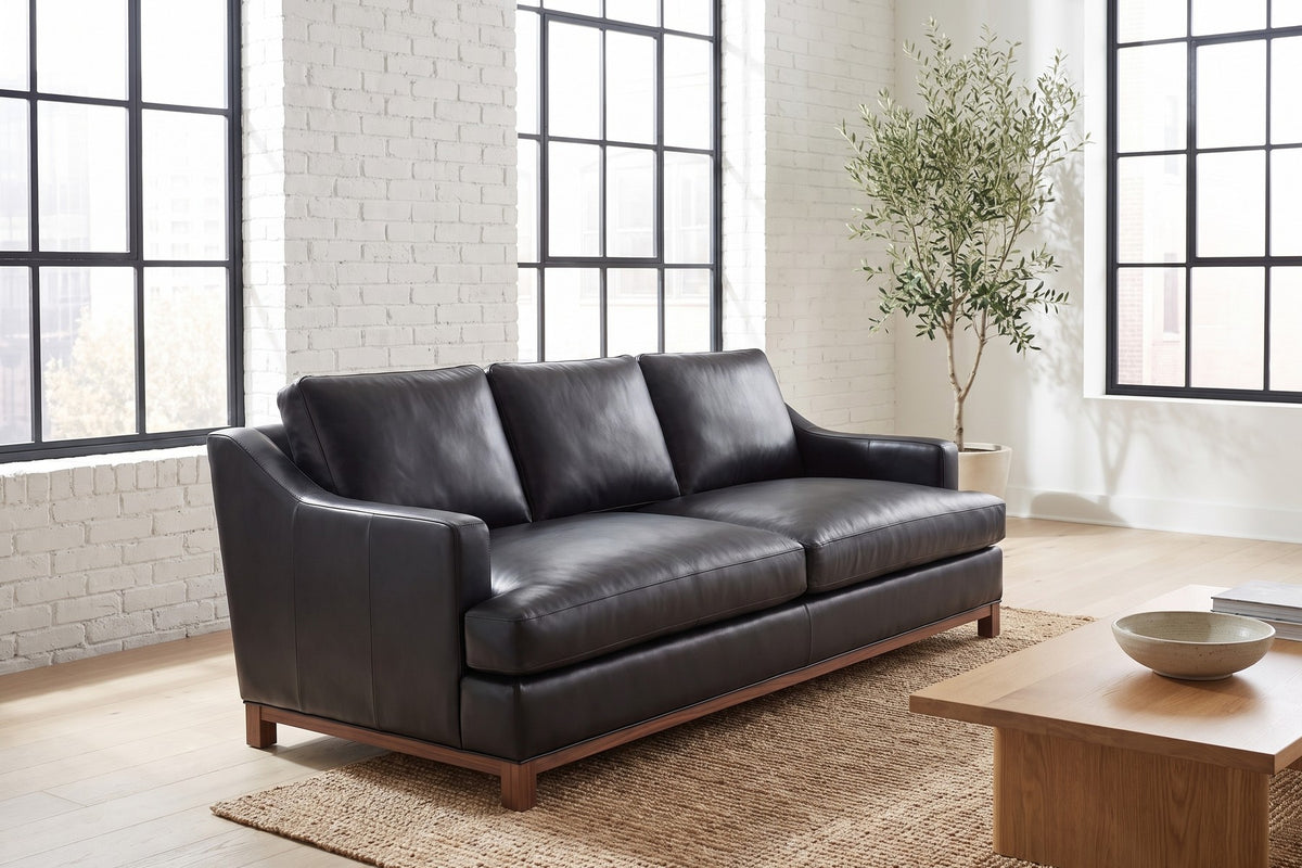 Arcachon 86" Deep Leather Sofa – Low Sloping Arms, 27" Deep Seat, Walnut-Finish Base