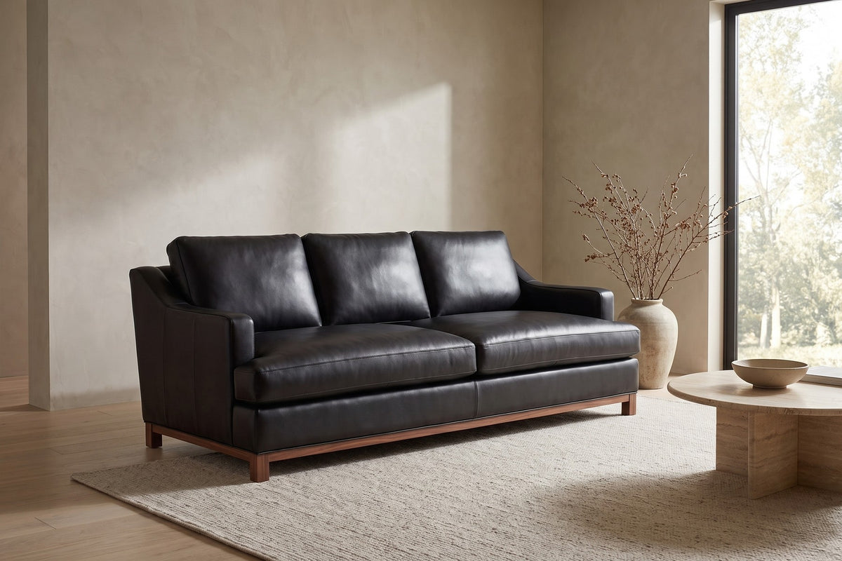 Arcachon 86" Deep Leather Sofa – Low Sloping Arms, 27" Deep Seat, Walnut-Finish Base