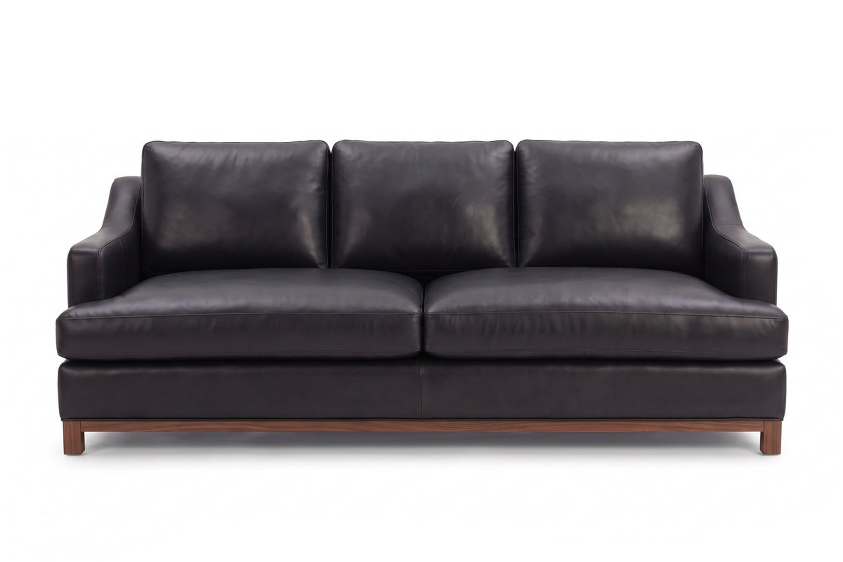 Arcachon 86" Deep Leather Sofa – Low Sloping Arms, 27" Deep Seat, Walnut-Finish Base