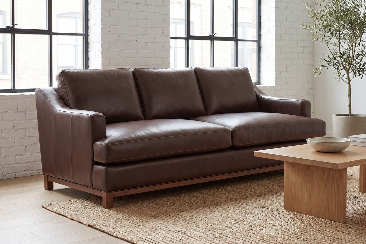 Arcachon 86" Deep Leather Sofa – Low Sloping Arms, 27" Deep Seat, Walnut-Finish Base