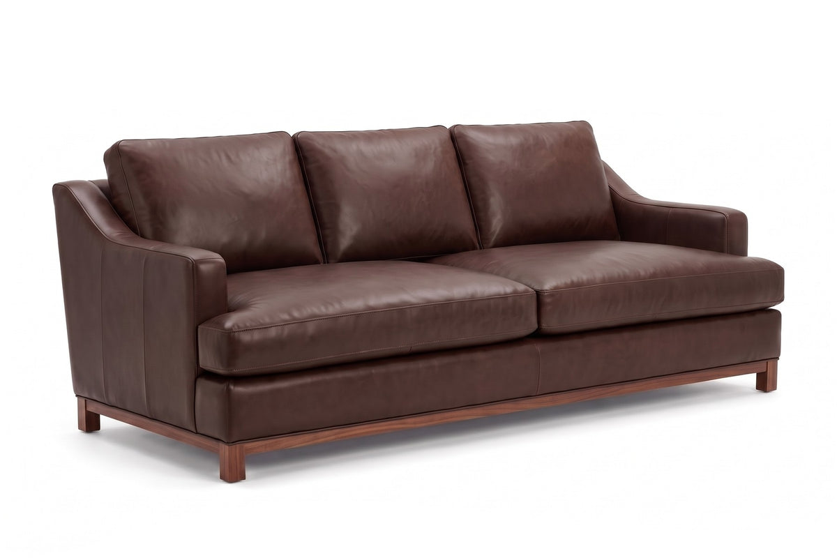 Arcachon 86" Deep Leather Sofa – Low Sloping Arms, 27" Deep Seat, Walnut-Finish Base