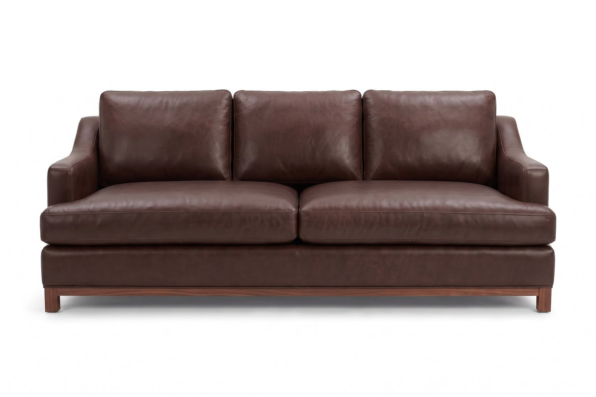 Arcachon 86" Deep Leather Sofa – Low Sloping Arms, 27" Deep Seat, Walnut-Finish Base