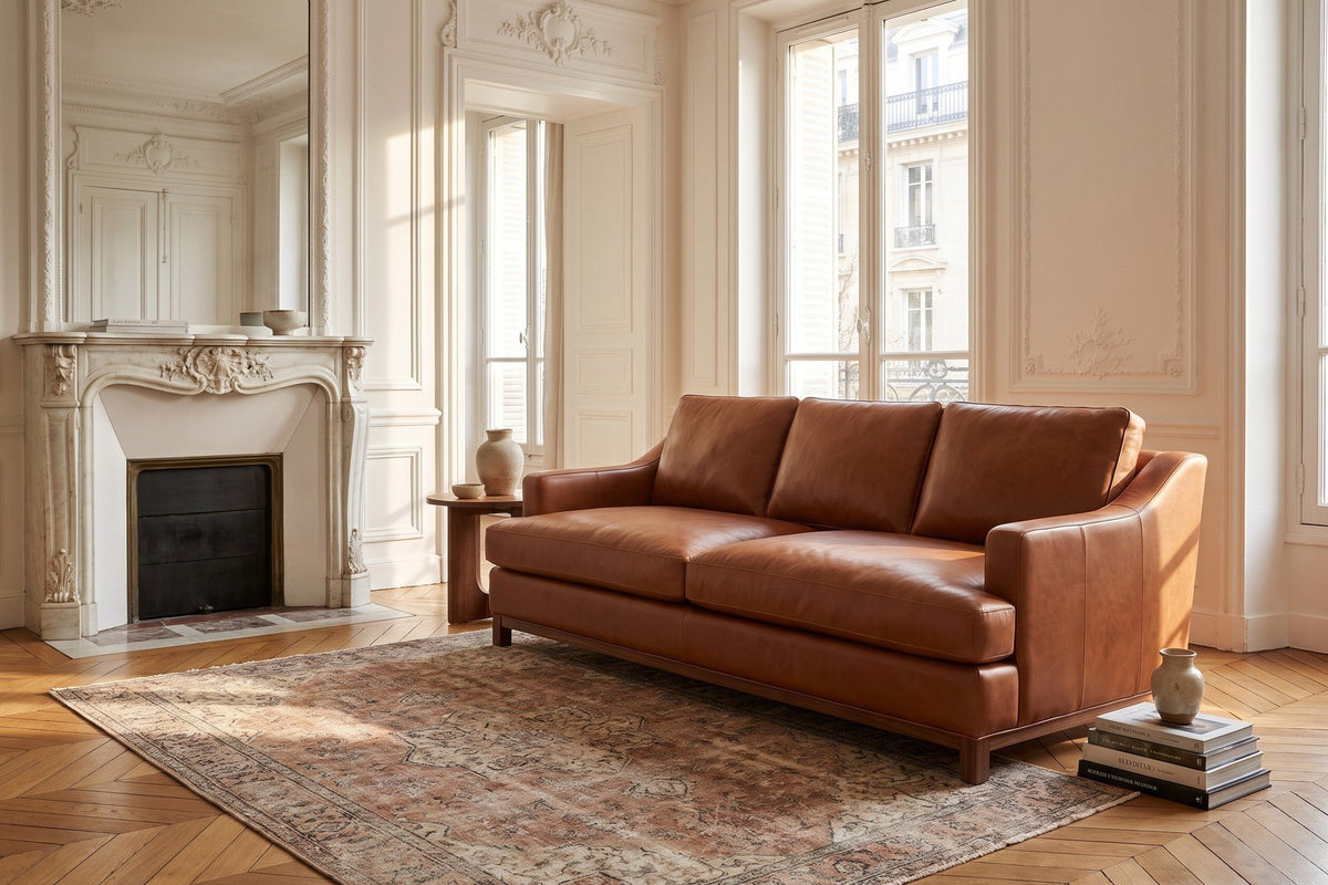 Arcachon Cognac Deep Leather Sofa in a Paris apartment with a marble fireplace, seen from the right end