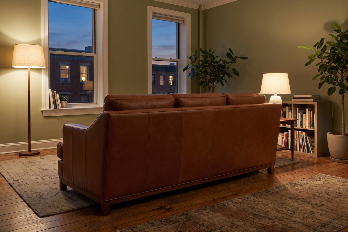 Arcachon Cognac Deep Leather Sofa seen from behind in a city apartment in the evening