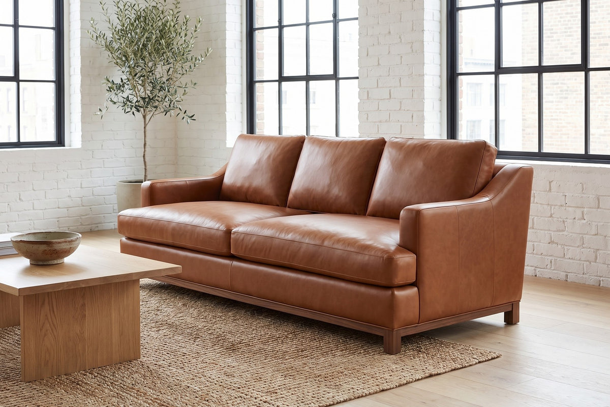 Arcachon Cognac Deep Leather Sofa styled in a room