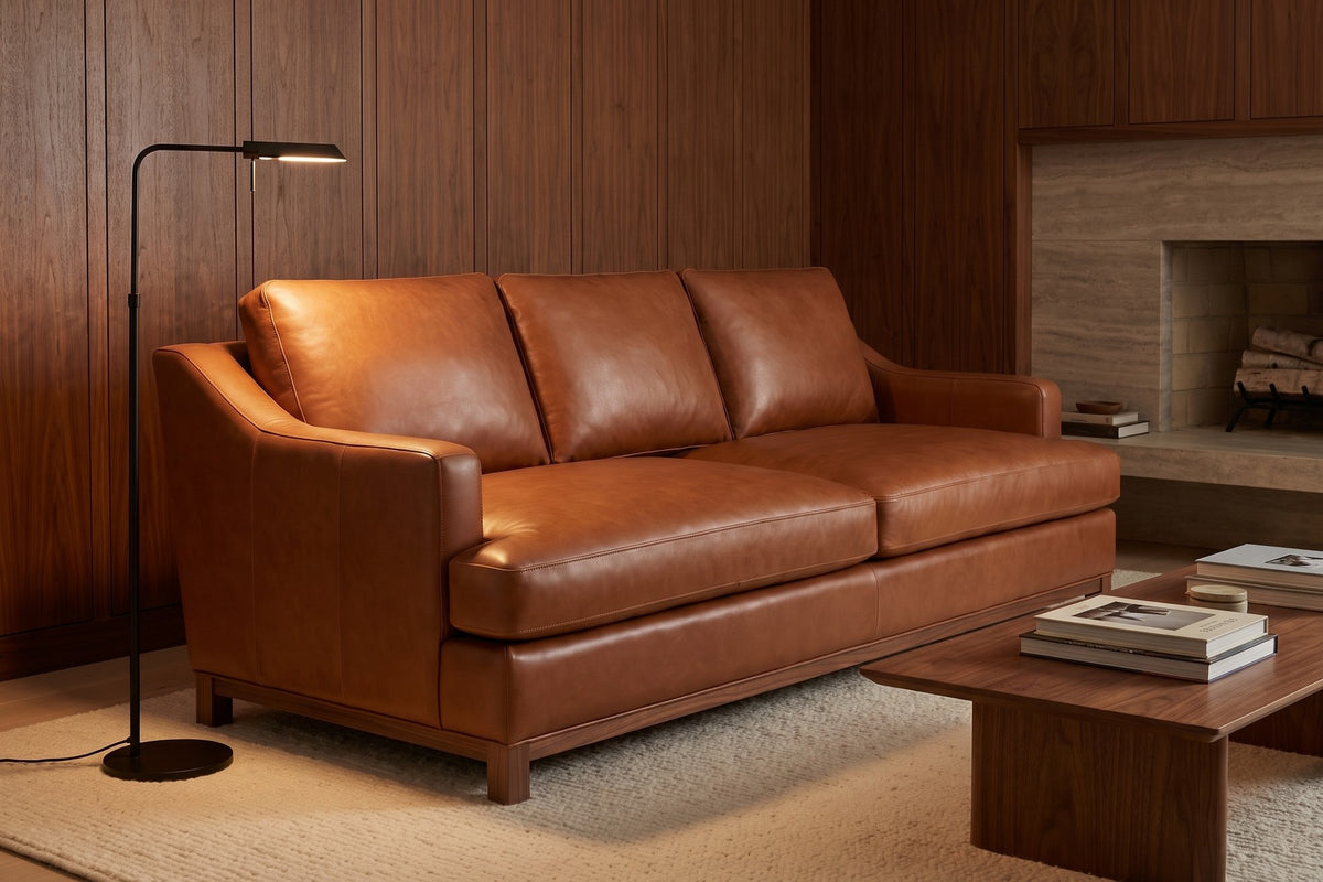 Arcachon 86" Deep Leather Sofa – Low Sloping Arms, 27" Deep Seat, Walnut-Finish Base