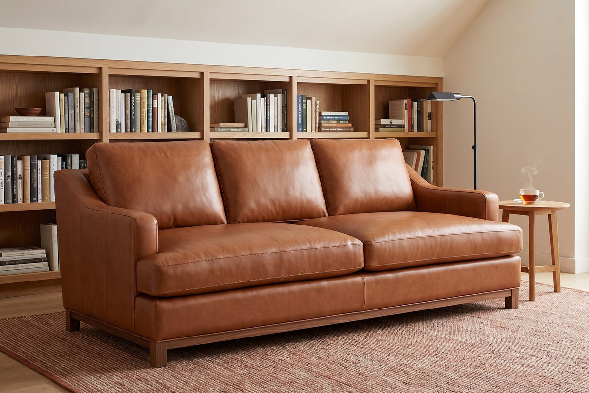 Arcachon 86" Deep Leather Sofa – Low Sloping Arms, 27" Deep Seat, Walnut-Finish Base