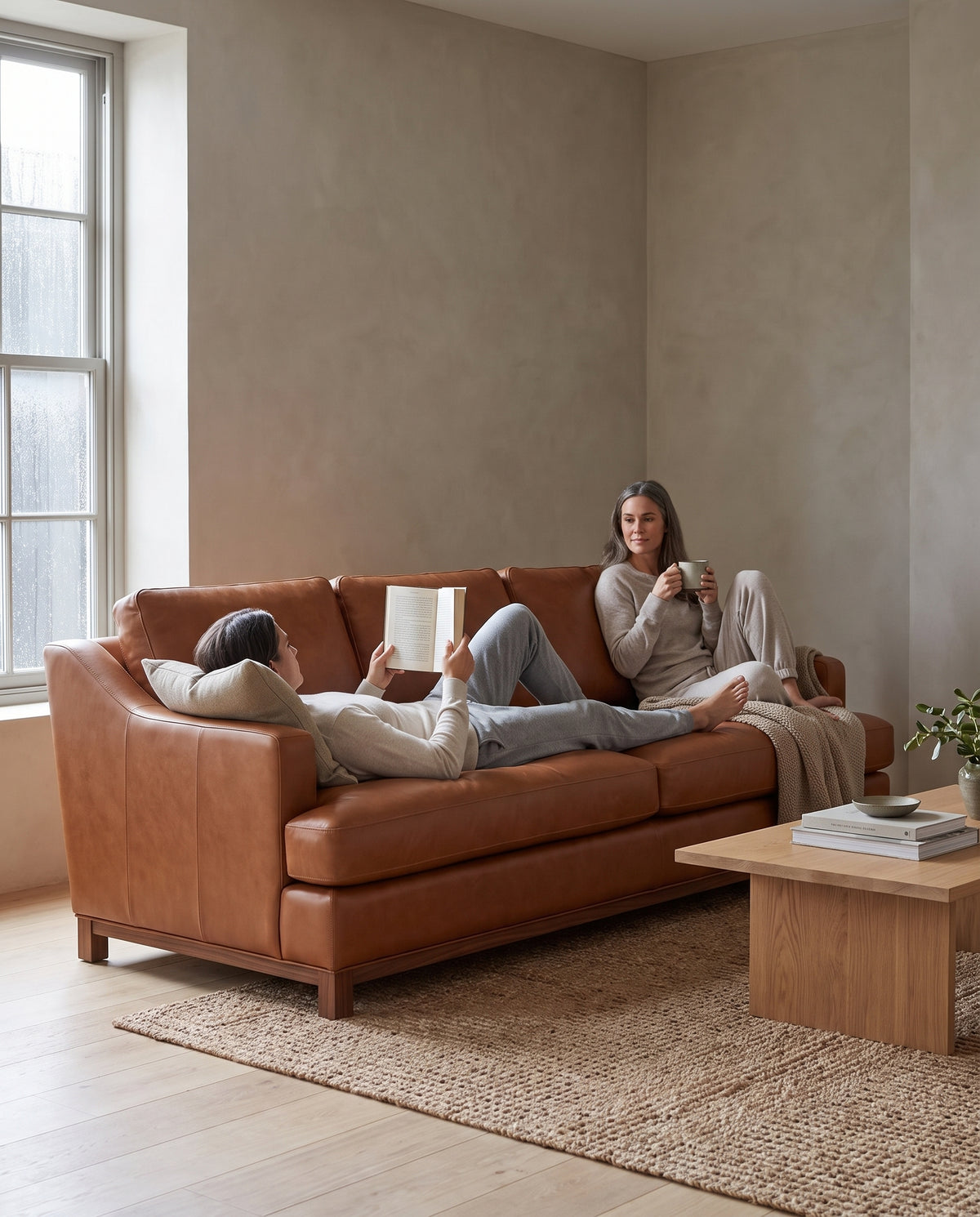 Arcachon Cognac Deep Leather Sofa in everyday use at home