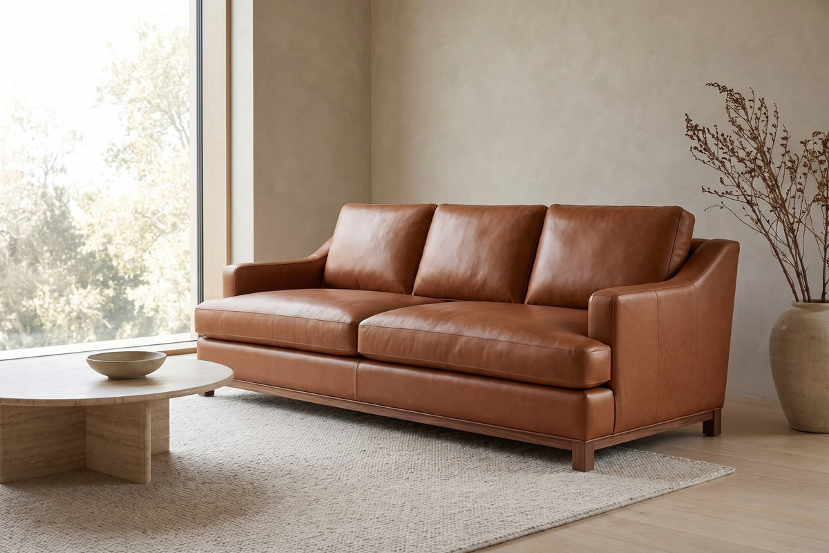 Arcachon 86" Deep Leather Sofa – Low Sloping Arms, 27" Deep Seat, Walnut-Finish Base