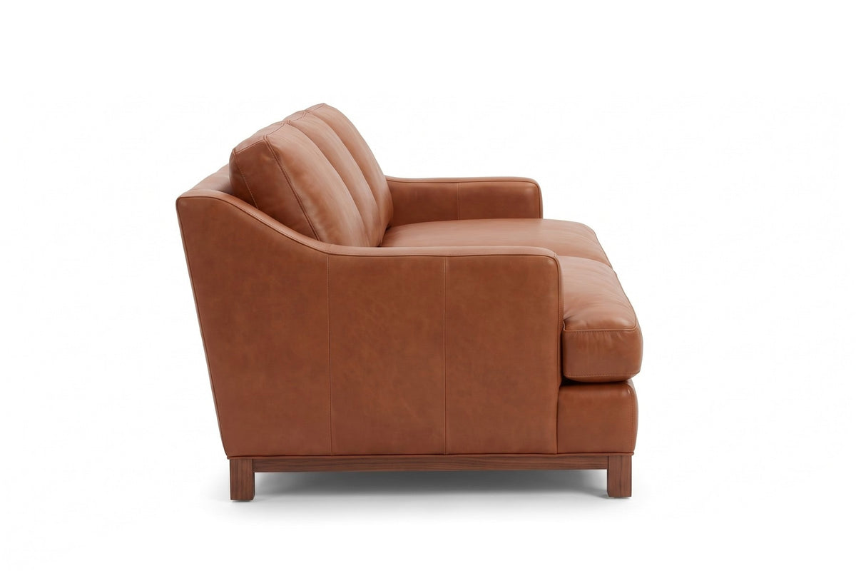Arcachon 86" Deep Leather Sofa – Low Sloping Arms, 27" Deep Seat, Walnut-Finish Base