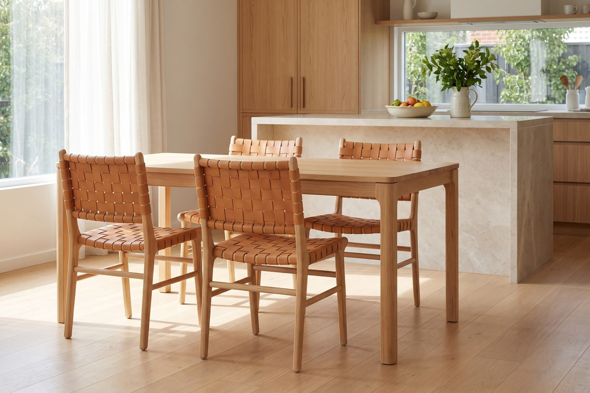 Arles Woven Leather Dining Chair styled in a room