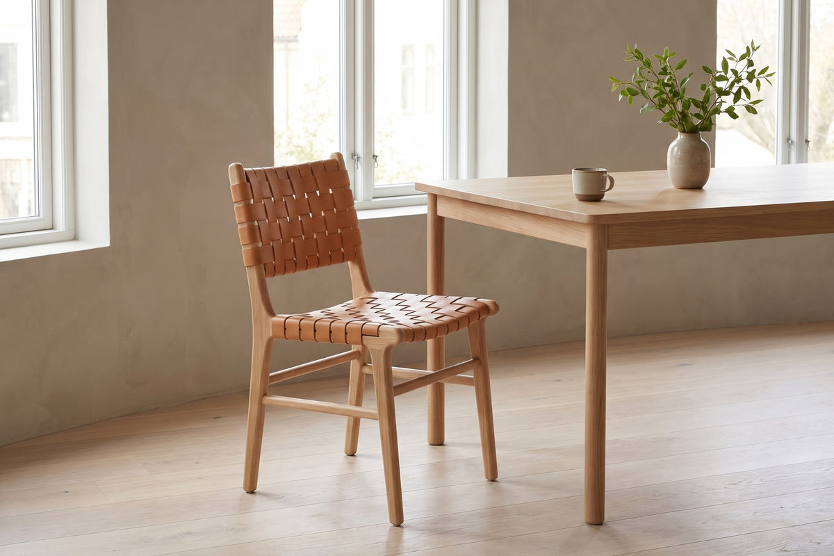 Arles Woven Leather Dining Chair – Solid Oak Frame, Set of 2
