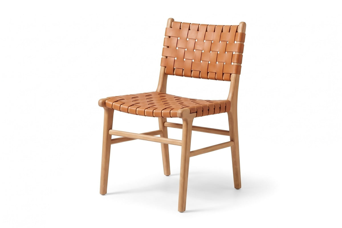 Arles Woven Leather Dining Chair, three-quarter view from the front left, slightly above seat height
