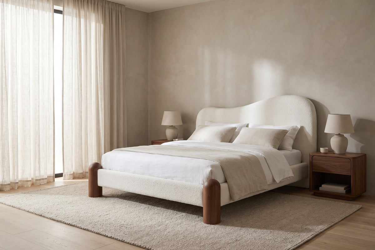Aurore Upholstered Platform Bed – White Berber Fleece, Walnut-Finish Feet, King