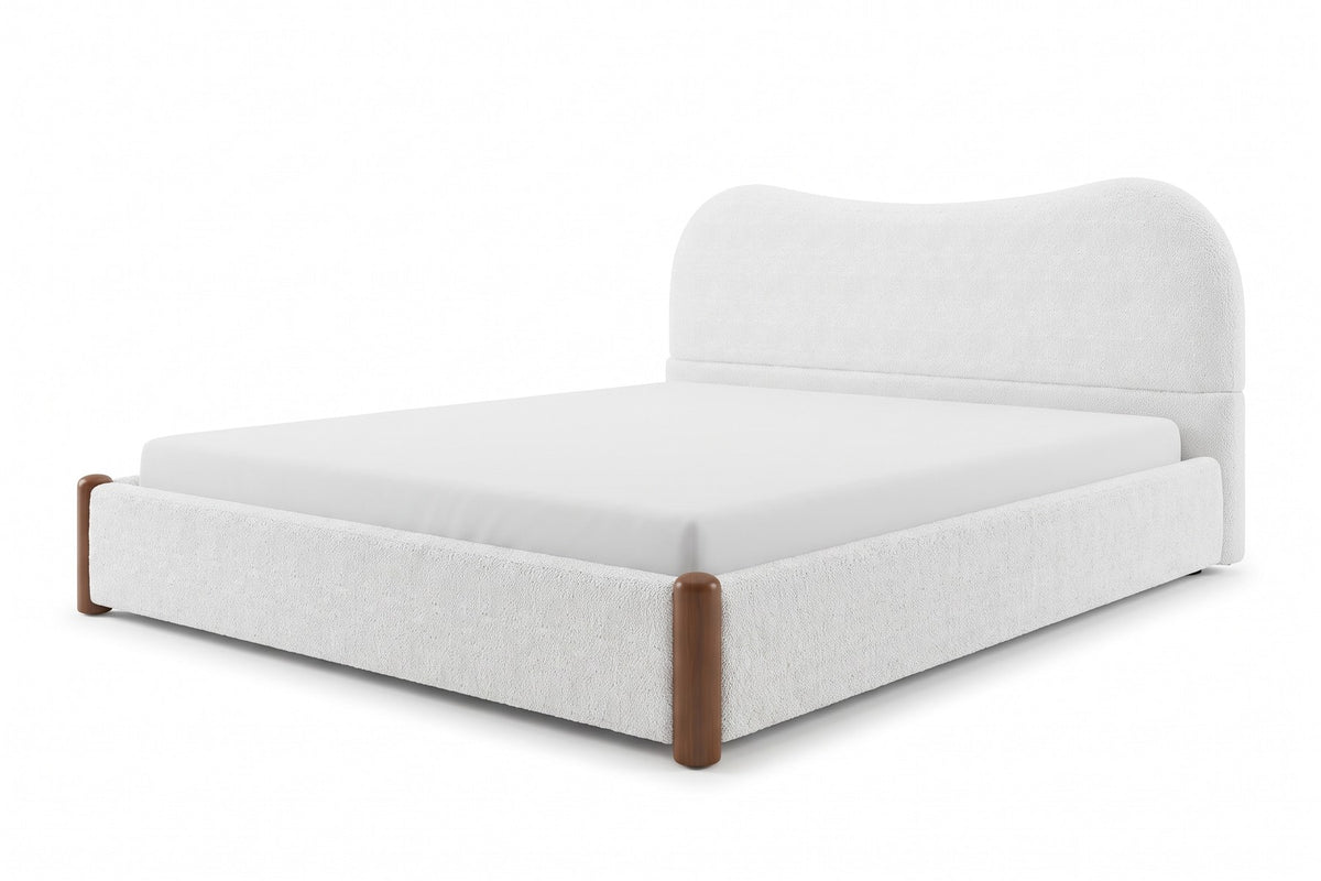 Aurore Upholstered Platform Bed – White Berber Fleece, Walnut-Finish Feet, King