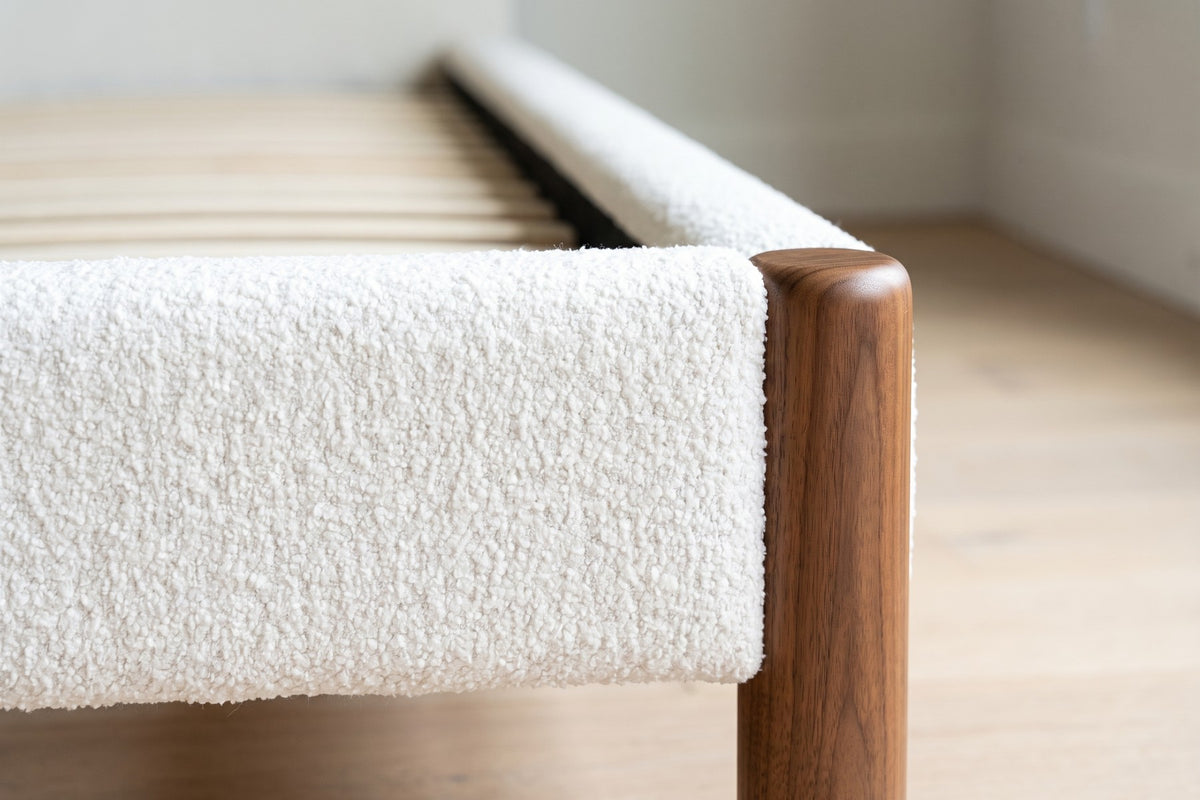Aurore Upholstered Platform Bed – White Berber Fleece, Walnut-Finish Feet, King