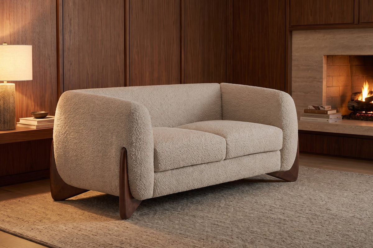 Auteuil 63" Bouclé Loveseat – Almond, Sculpted Walnut-Finish Feet