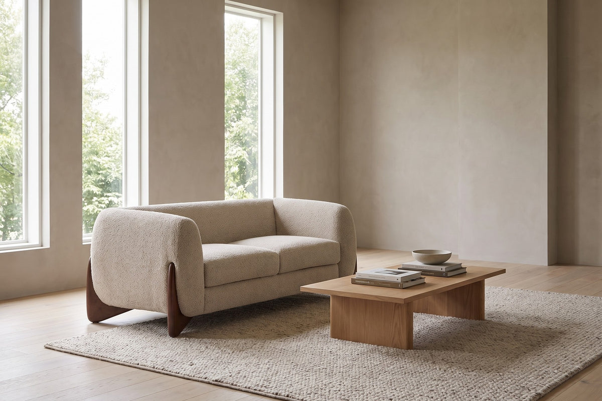 Morning. By tall windows, its compact size leaves open floor around the coffee table.
