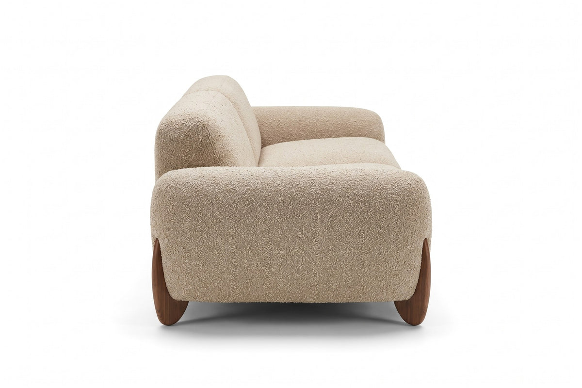 Auteuil 63" Bouclé Loveseat – Almond, Sculpted Walnut-Finish Feet