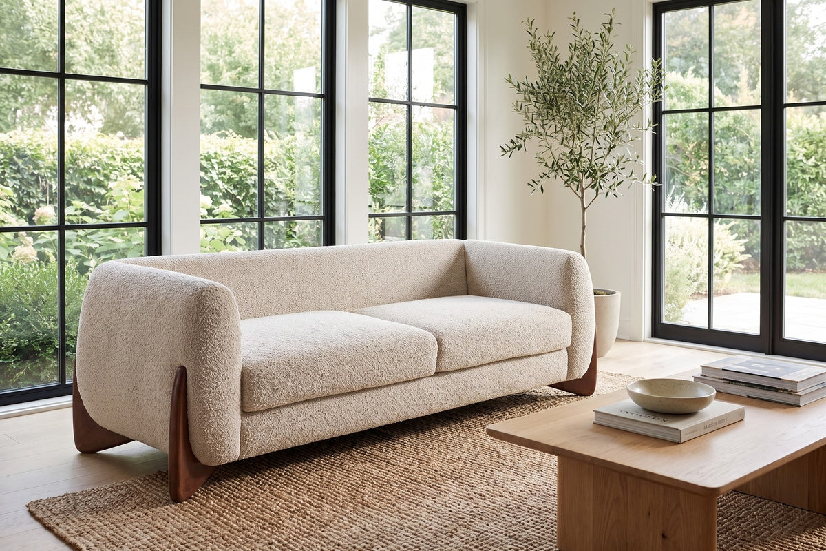 Auteuil 82.75" Bouclé Sofa – Almond, Sculpted Walnut-Finish Feet