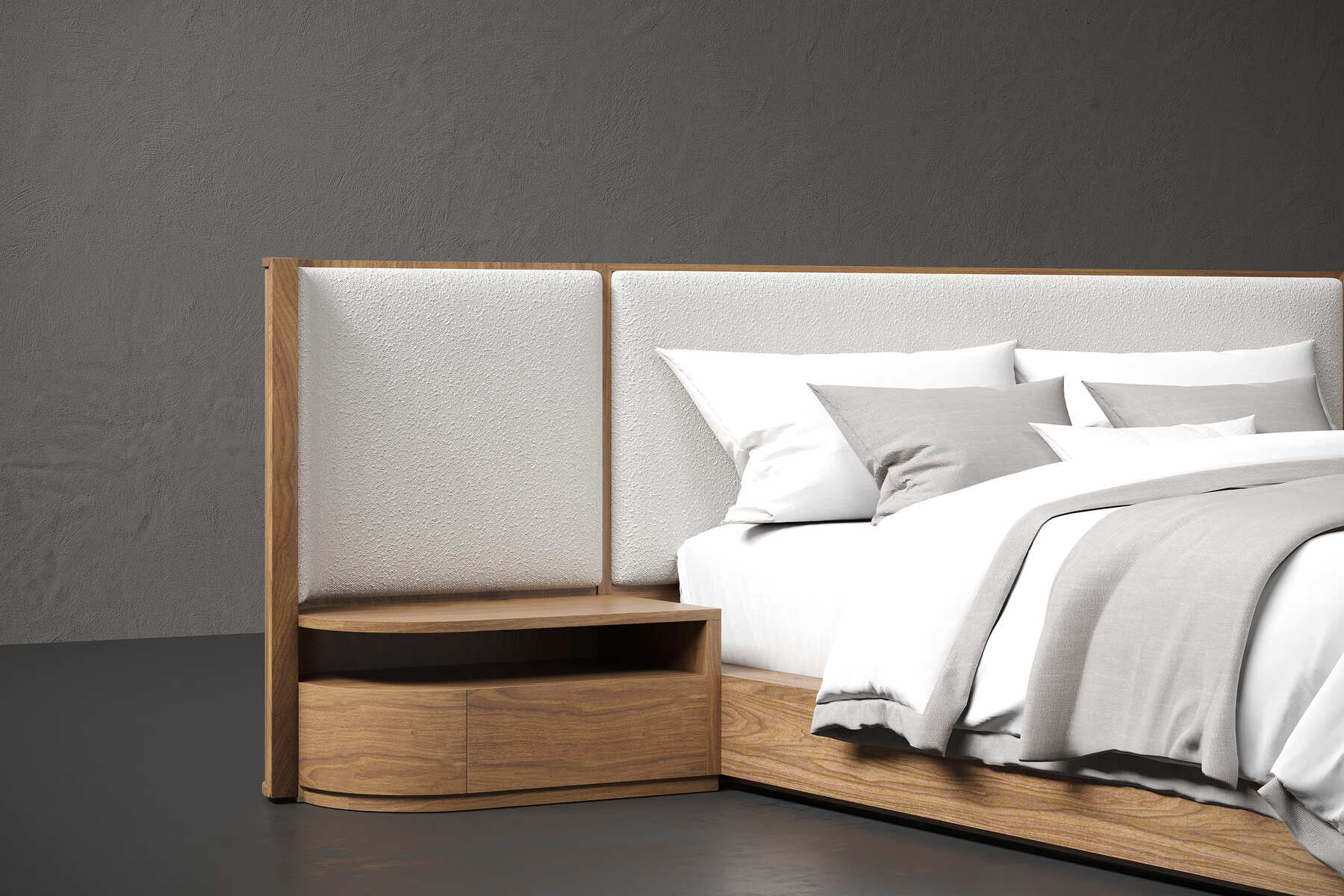 Aubert Wood Bed Frame with Bouclé Headboard & Integrated Nightstands